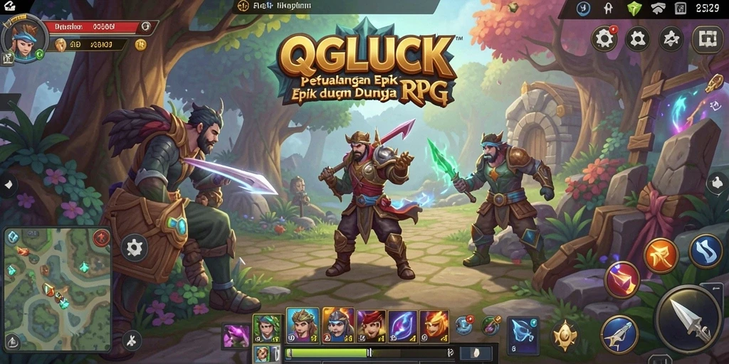 Tampilan screenshot utama QGLUCK yang menampilkan aksi seru dalam gameplay RPG.