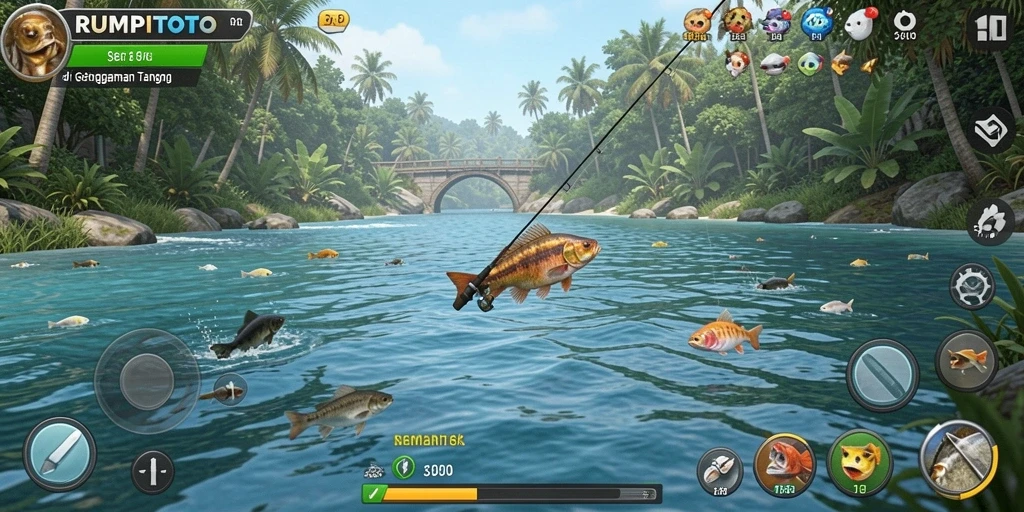 Tampilan menawan gameplay RUMPITOTO saat memancing di lautan.